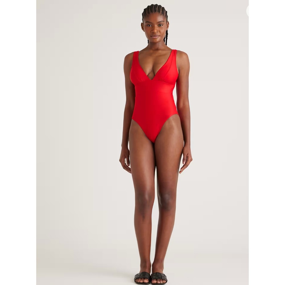 Quince Italian Plunge One-Piece Swimsuit Cherry Red Medium UPF 50 Compression